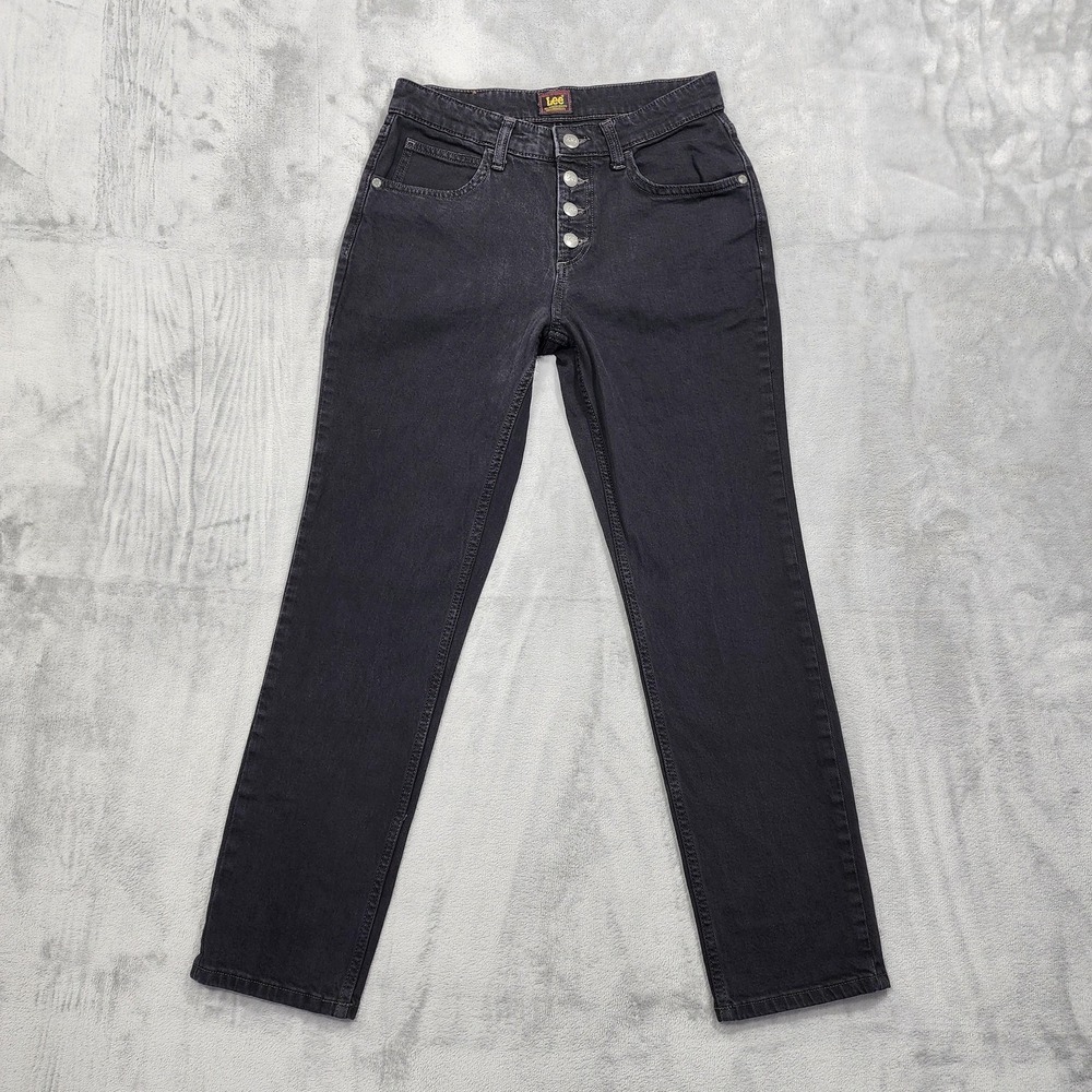Lee Jeans Womens 4 Black‎ High Rise Slim Straight Exposed Button Fly Stretch Leg